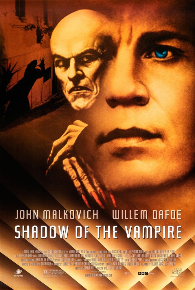 A poster for the film Shadow of the Vampire, with John Malkovich's hopeful face in the foreground and Willem Dafoe as Count Orlok looking menacingly from the background.