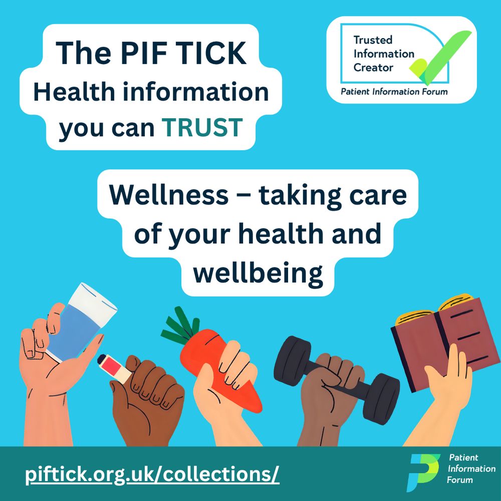A bright blue background. Five hands hold up different items associated with wellness – water, medication, a carrot, an exercise weight and a book. The PIF TICK logo, a bright green tick with the words Trusted Information Creator is in the top right of the page. Text reads: The PIF TICK. Health information you can trust. New collection: Wellness – taking care of your health and wellbeing. piftick.org.uk/collections/. The PIF logo appears at the bottom right of the page.