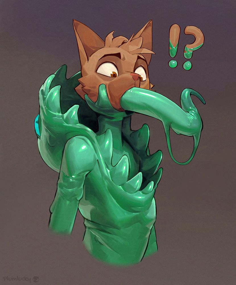 Shocker anthropomorphic cat character being transformed/merged with a slime monster, thick slime tongue coming out of their mouth