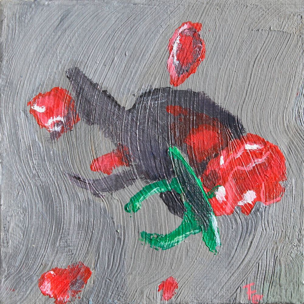 Small oil painting, 4 × 4 inches. It shows a broken candy ring lying on the ground, painted in textured brushstrokes. Red fragments are scattered, and one piece resembles the shape of a heart