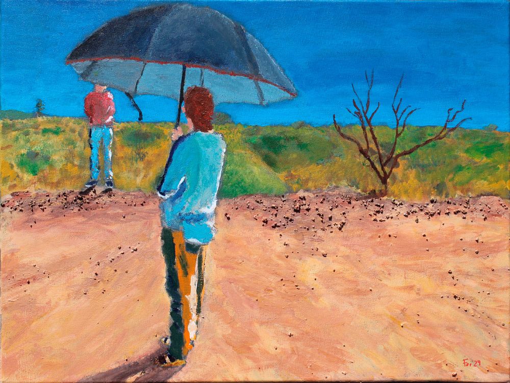 A painting of two figures in a dry landscape under a deep blue sky. In the foreground, one holds a black umbrella, looking toward another figure in red and blue standing in the distance, with a barren tree on the right. The work features marble dust and vibrant colors