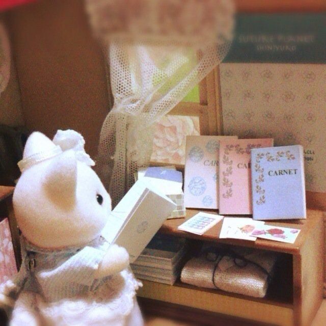 An image of a white Calico Critter figurine holding a small book in front of a desk or shelf with more books by a small window, ostensibly appearing to be reading; not my image or my figurine, acquired via Pinterest