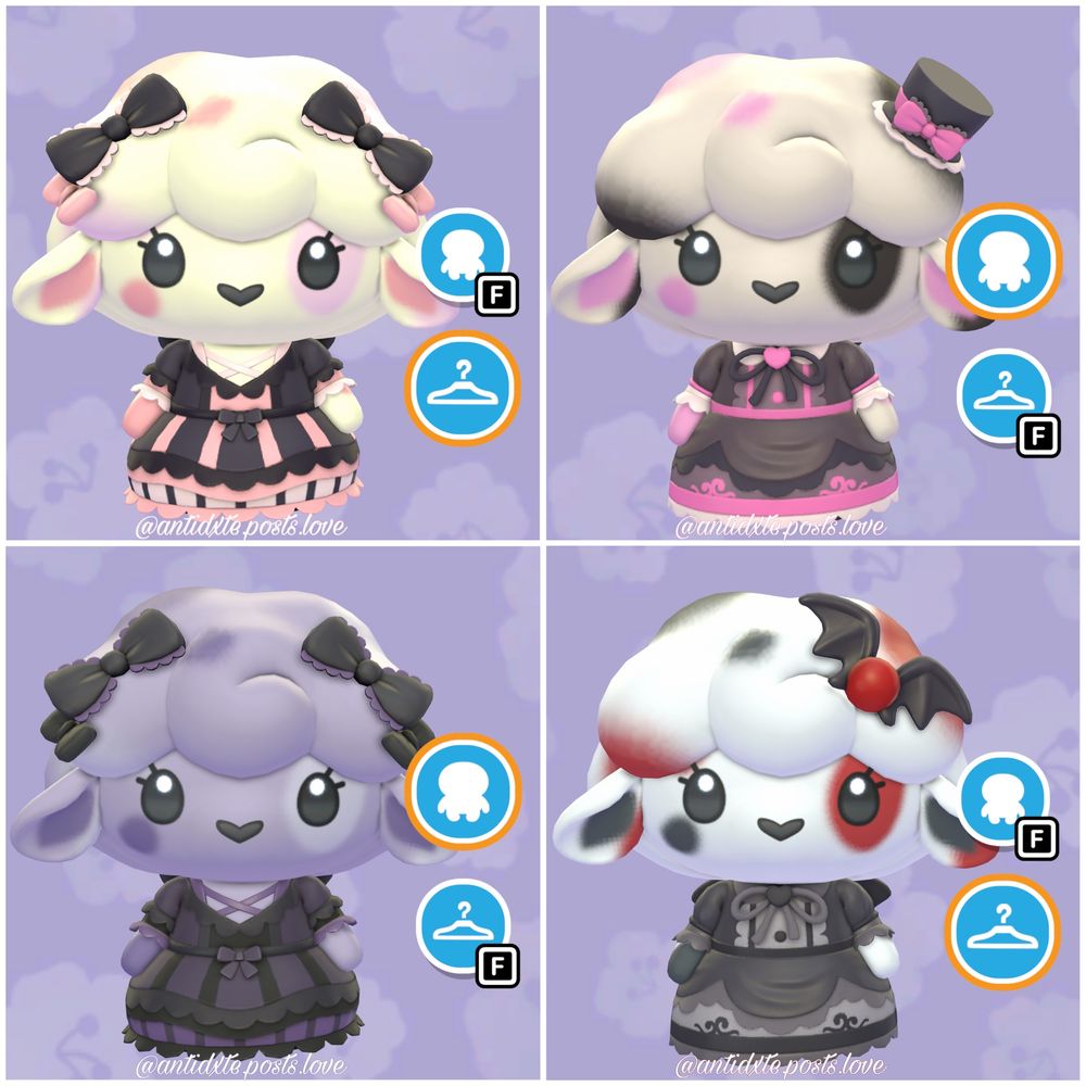 A collage of 4 outfits Mallow made for her sheep character on Hello Kitty Island Adventure; in the top left, she has a black-and-blush-pink dress with matching head bows on either side of her head; in the top right, she has a grey-and-pink dress with a small matching top hat on her head; in the bottom left, she has a black-and-purple dress with matching head bows on either side of her head; in the bottom right, she has a black-and-grey dress and a black-and-red bat hair-clip on her head; most elements of these outfitd were acquired during the spooky event in October 2025; credits to Sanrio and the makers of Hello Kitty Island Adventure for the character and art, credits to Mallow for coordinating the outfits on her lamb avatar and making this collage