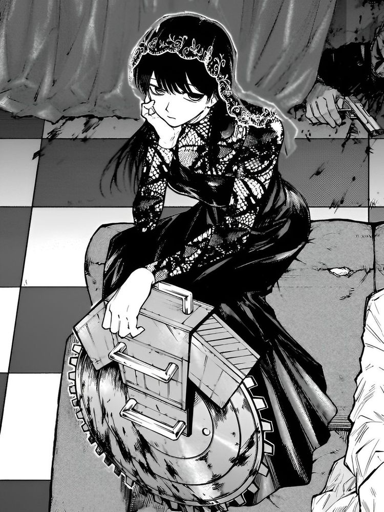 An image of Osaragi, a woman with long, straight black hair dressed in a dark dress with mesh sleeves and a veil upon her head, sitting with her head leaning on one hand while the other hand holds a circular weapon; she is a character from the Sakamoto Days series, so all credits to its creator, Yuto Suzuki