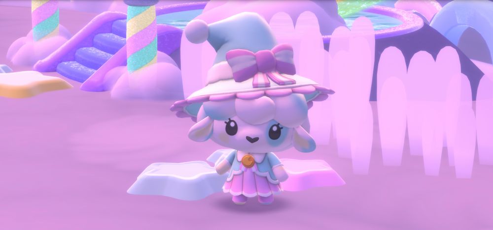 Mallow’s lamb character on “Hello Kitty: Island Adventure” wearing a pink, white, and blue witch costume with a matching large witch hat that features a big bow and frilly detailing; she’s standing in Cloud Island, a dreamy location in the game with lots of stars and pastel colors