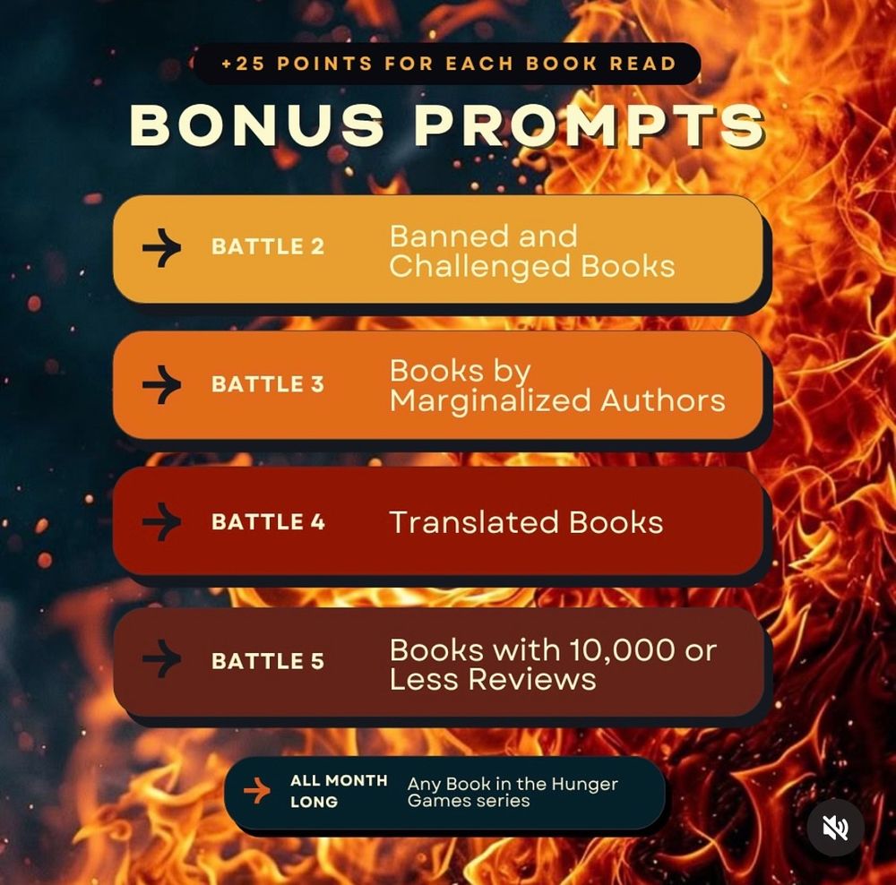 A graphic listing the 5 battles or reading prompts featured in the Sunrise on the Readathon reading challenge, hosted by Katie Colson, as placed upon a background of flames; battle 2 is for “banned and challenged books,” battle 3 is for “books by marginalized authors,” battle 4 is for “translated books,” and battle 5 is for “books with 10,000 or less reviews”; the month-long bonus prompt is for reading “any book in the Hunger Games series”; graphic is not mine, credits to Katie Colson or @/KatieColson on YouTube, as well as everyone helping her organize this event and create everything for it