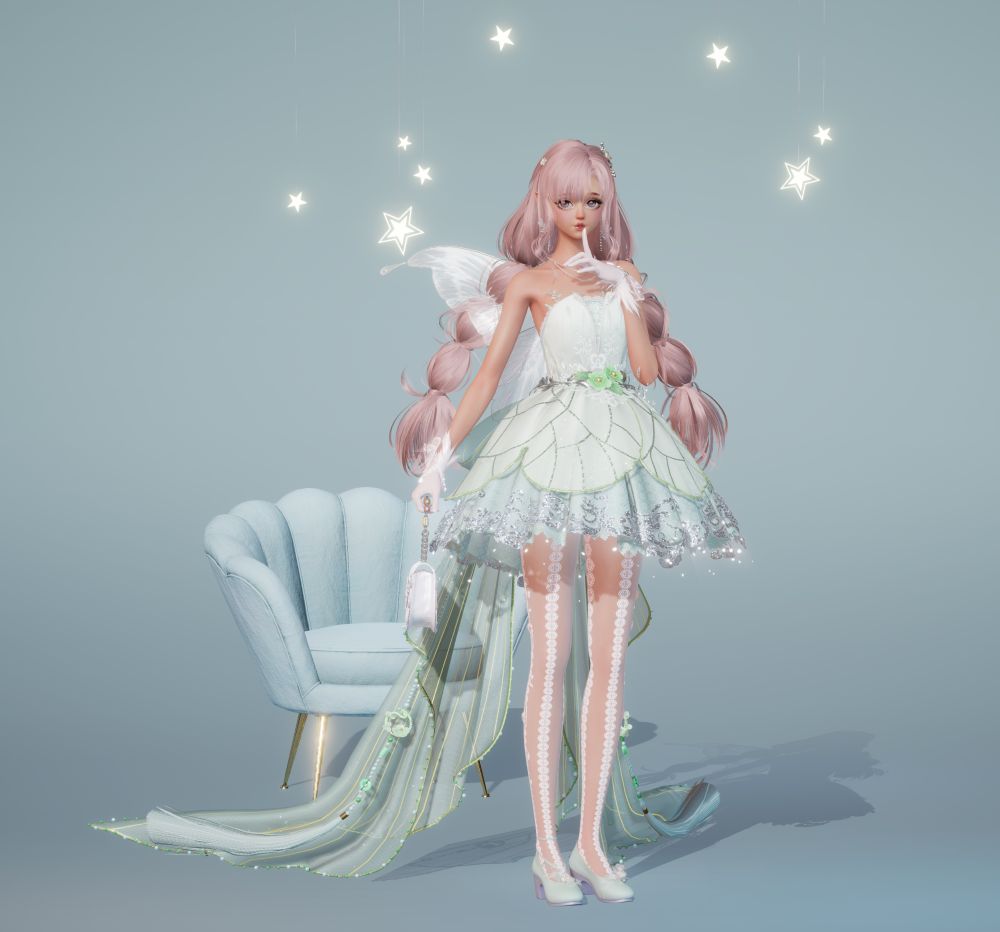 A green outfit made by Mallow on a game called “Life Makeover” in which her character has light-colored hair and is wearing a short green butterfly-and-spring-themed dress, white decorating stockings, matching green heels, white gloves, and white butterfly wings, while holding a white purse and posing in front of a small seashell-shaped chair with gold legs 