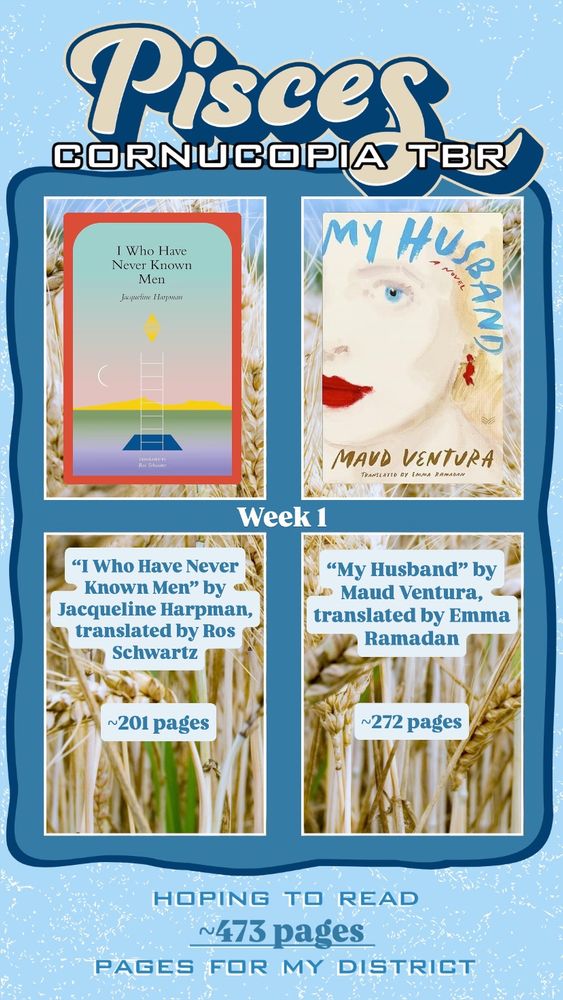 Mallow’s tentative TBR, or books she plans to read, for the first week of the Sunrise on a Readathon reading challenge, for District 9 (Pisces); the books she plans to read are “I Who Have Never Known Men” by Jacqueline Harpman and “My Husband” by Maud Ventura, both of which are translated works, potentially totaling around 473 pages read for the reading challenge; the template used was provided in the Sunrise on a Readathon Discord server, so credits to Katie Colson and everyone helping her organize and create for this event