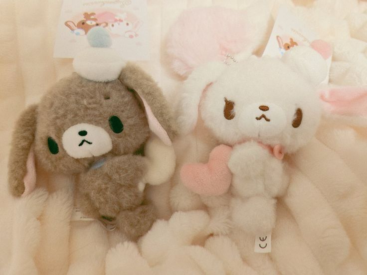 A warm-toned photo, acquired via pinterest, of two Sugarbunnies plushies laying on a soft surface; the white bunny on the right holds a pink heart while the brown bunny on the left holds a white heart 