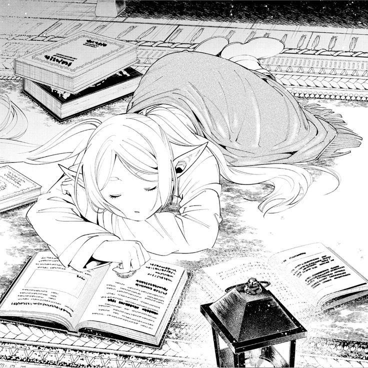 Frieren, an elf girl protagonist from the series “Frieren: Beyond Journey’s End,” laying on the floor asleep beneath a small blanket with a book open in front of her and many others books scattered around her, as well as a small lamp
