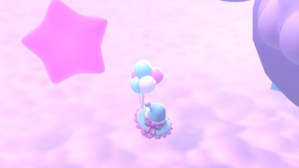 Mallow’s lamb character on “Hello Kitty: Island Adventure,” primarily obscured by the way she is wearing a large, pink, white, and blue witch hat that features a big bow and frills, floating amidst clouds and stars by holding a bunch of balloons with pink, white, and blue colors 
