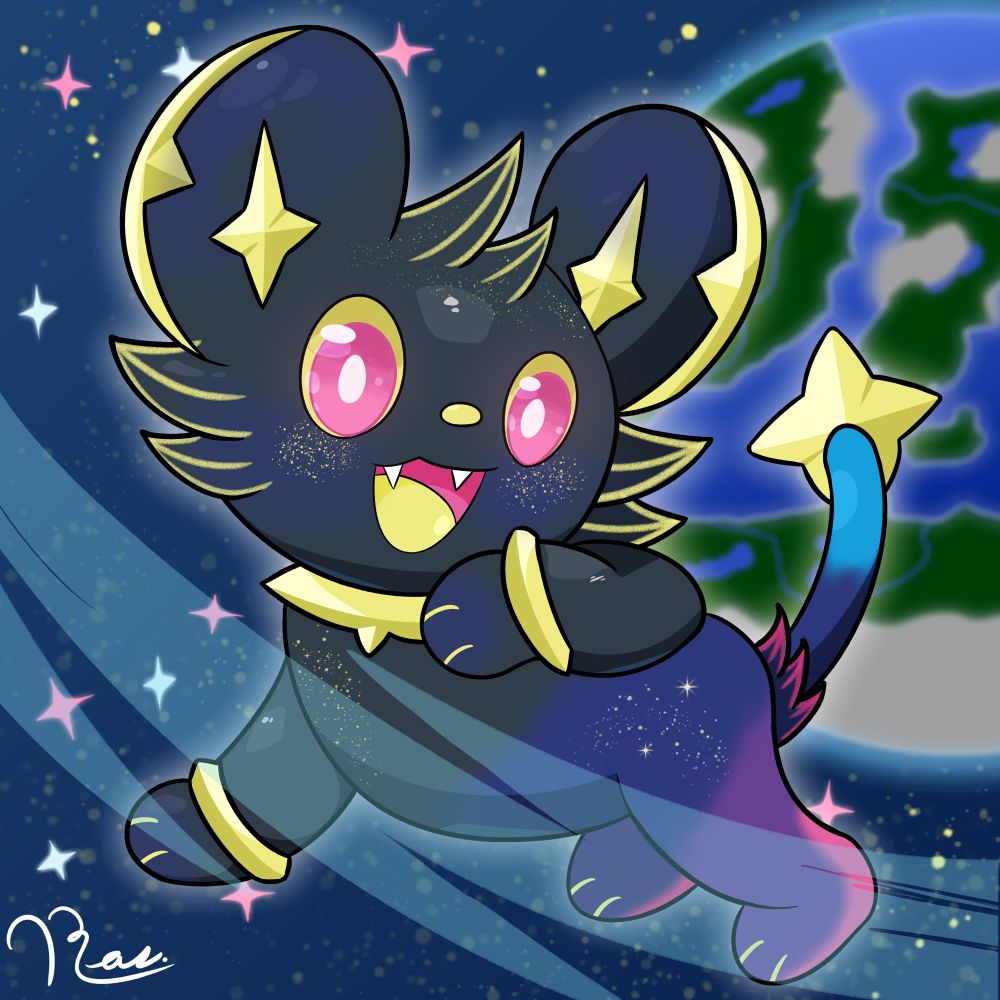 Drawing of Auxdroid's OC, Cosmic, in space. The background has stars and a blurred out planet similar to Earth. 