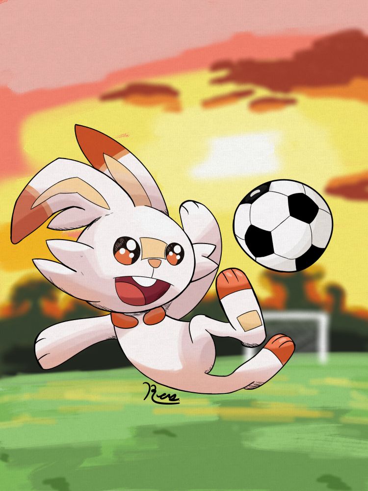 A Scorbunny jumping in the air with a soccer ball. In the background is a sunset and a goalpost.