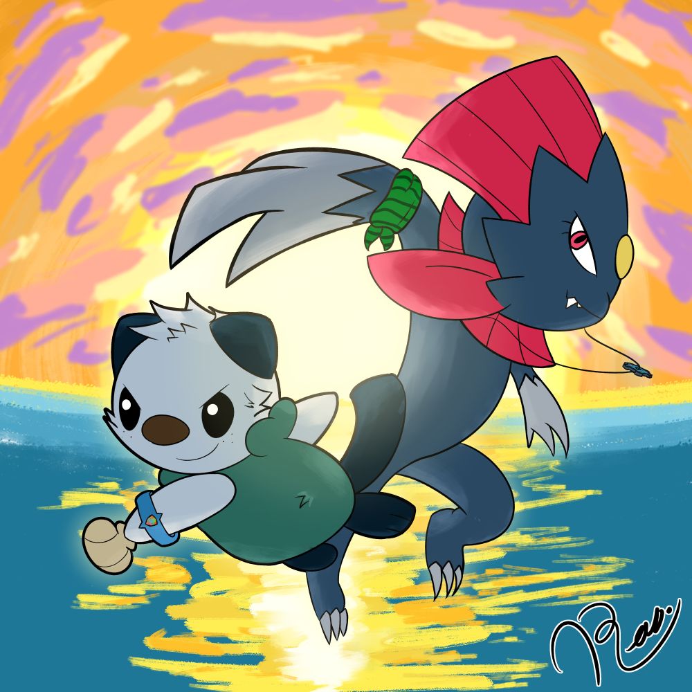 Two characters by Josha~, Josh, the Oshawott and Vince, the Weavile. They're posed above a body of water and in front of a sunset.