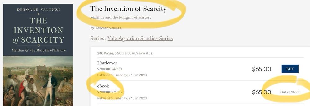 Auf einer Website wird ein Buch verkauft, das „The Invention of Scarcity“ heisst. Die ebook-Version für 64$ ist „vergriffen“.