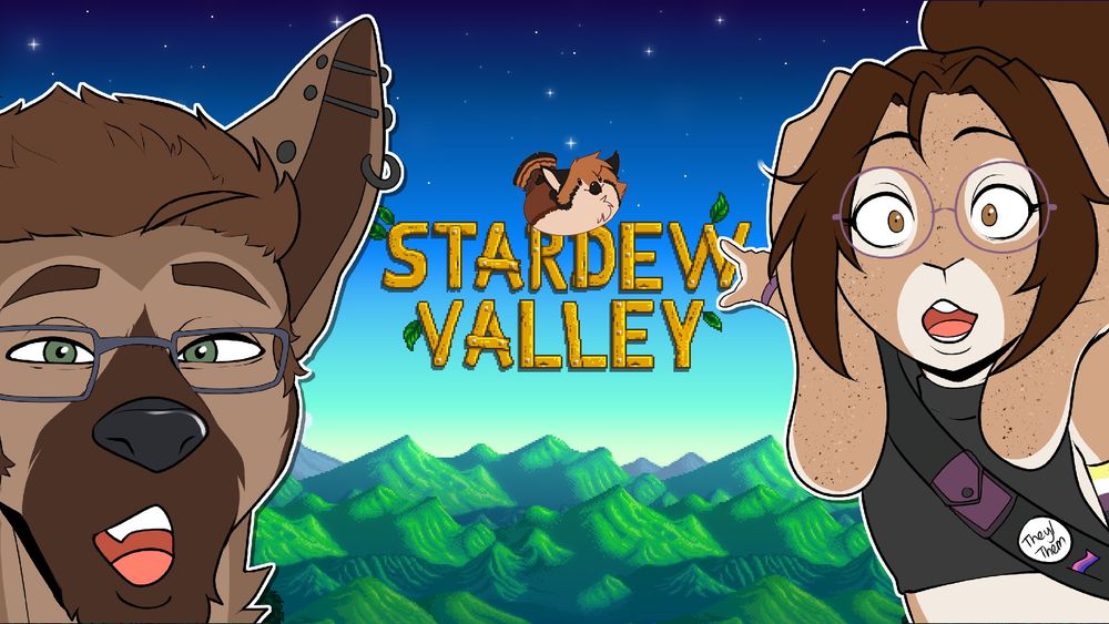 Image features streamers Cinnabunlola and Rowanyeen in the "soyjack pointing" meme. Lola's character is pointing at the Stardew Valley logo, where Apollo_owl's character is sitting on top of the letters. The background is blue and green with yellow letters. 