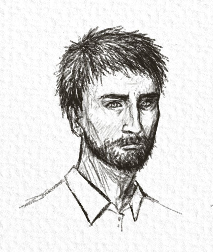 Black and white portrait of Jean from Disco Elysium with messy hair
