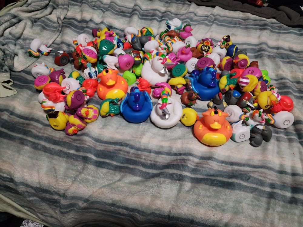 A variety of rubber ducks figures of fantasy theme, such as unicorns, dragons, knights and mermaids.