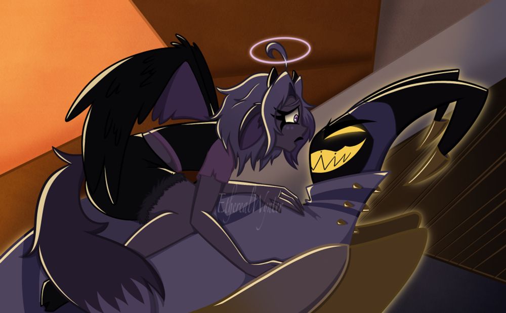 Redraw of a shot from the Hazbin Hotel video “Gravity”. This drawing features Adam from the show with my OC, Rayne sitting on him, a distressed expression on her face.  