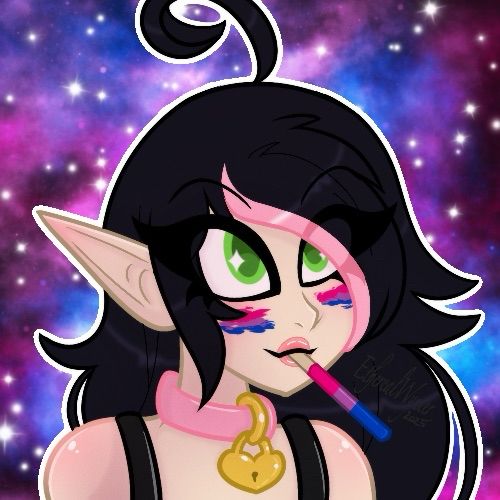 Drawing of my elf girl persona with pocky held in her lips, the “chocolate” portion of the pocky is colored to match the bisexual pride flag. And she has the bi pride flag painted on her cheeks. 