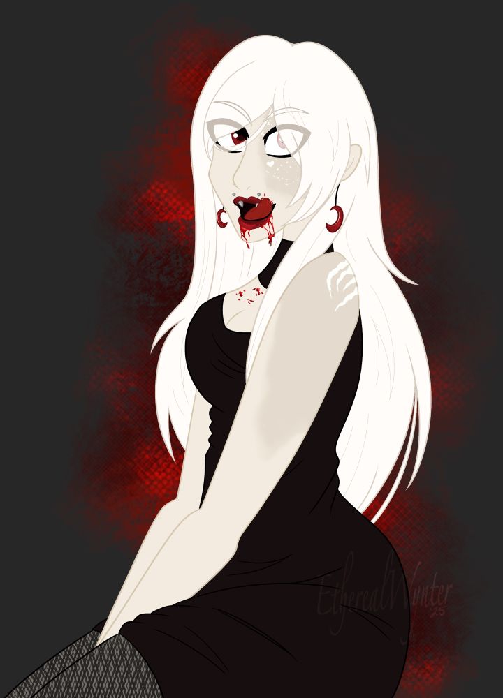 A pale vampire with long white hair sitting, licking blood from her lips