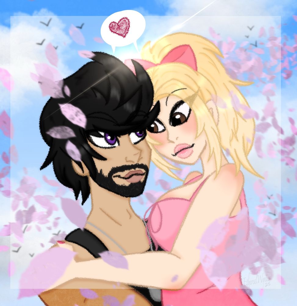 colored sketch of a tan skinned beared man with black hair and purple eyes holding a light skinned girl with brown eyes and blonde hair in a ponytail with a large pink bow. 
He’s holding her in his arms as pink flower petals swirl around them. 