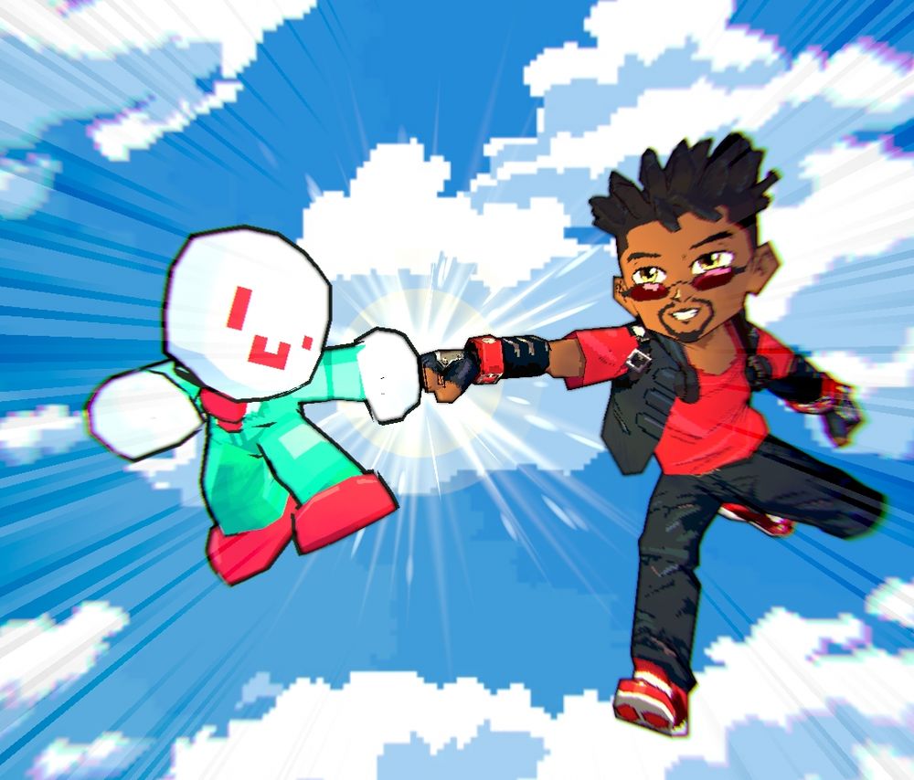 Suitntie and senahue fist bumping in the sky