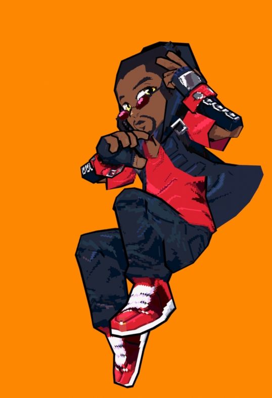 Black 16bit lowpoly video game character falling from the orange sky
