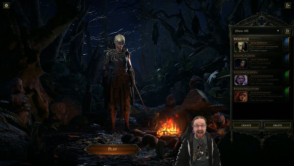 An excited streamer in a black hoodie with purple hair sits in front of a Path of Exile character select screen. On the screen is displayed a ranger character with a longbow in a tattered dress named "Bradiffer"