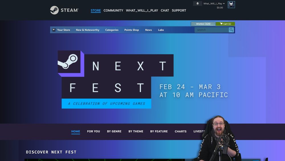 A smiling streamer sits in front of a blue and purple splash screen for Steam, which bears the title "Next Fest"