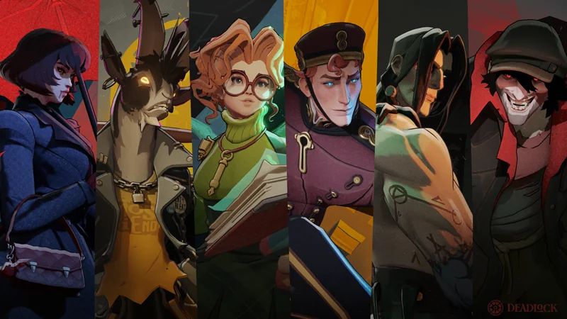 6 Deadlock hero portraits for Mina, Billy, Paige, The Doorman, Victor, and Drifter