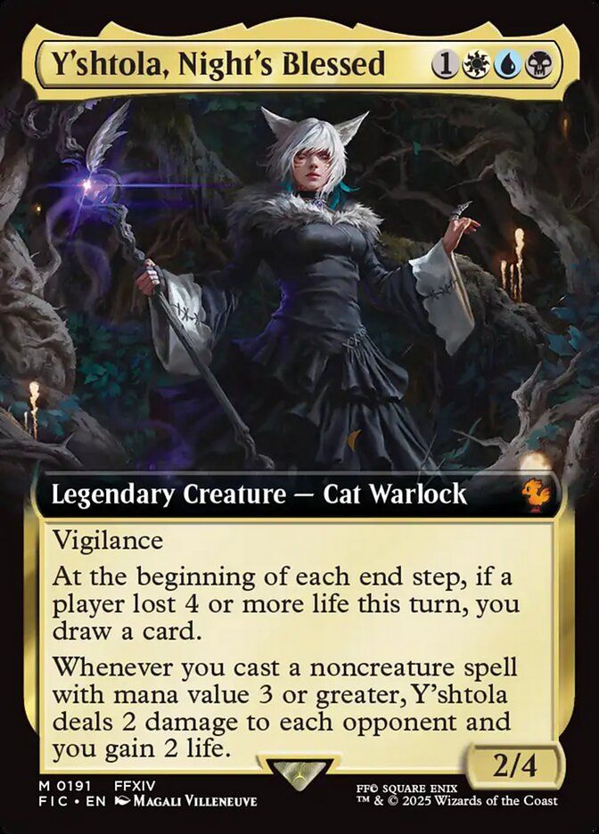 A magic card, Y'shtola, Night's Blessed. Costs 1 White Blue Black, is a legendary cat warlock with 2 power, 4 toughness and the vigilance ability. the rest of the textbox reads "At the beginning of each end step, if a player lost 4 or more life this turn, you draw a card. Whenever you cast a non-creature spell with mana value 3 or greater, Y'shtola deals 2 damage to each opponent and you gain 2 life."