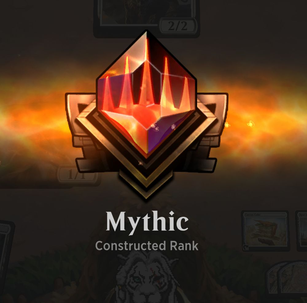 A magic the gathering arena screenshot which says "Mythic Constructed rank"