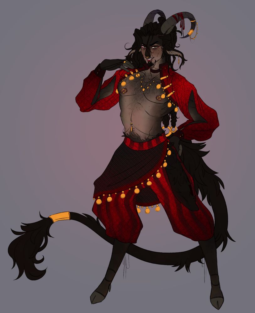 Fullbody reference of Karma, a satyr dancer/assassin. His outfit is a red and black dancer uniform with gold trinkets and accents, and he has jewelry on his long tail, horns and ears.