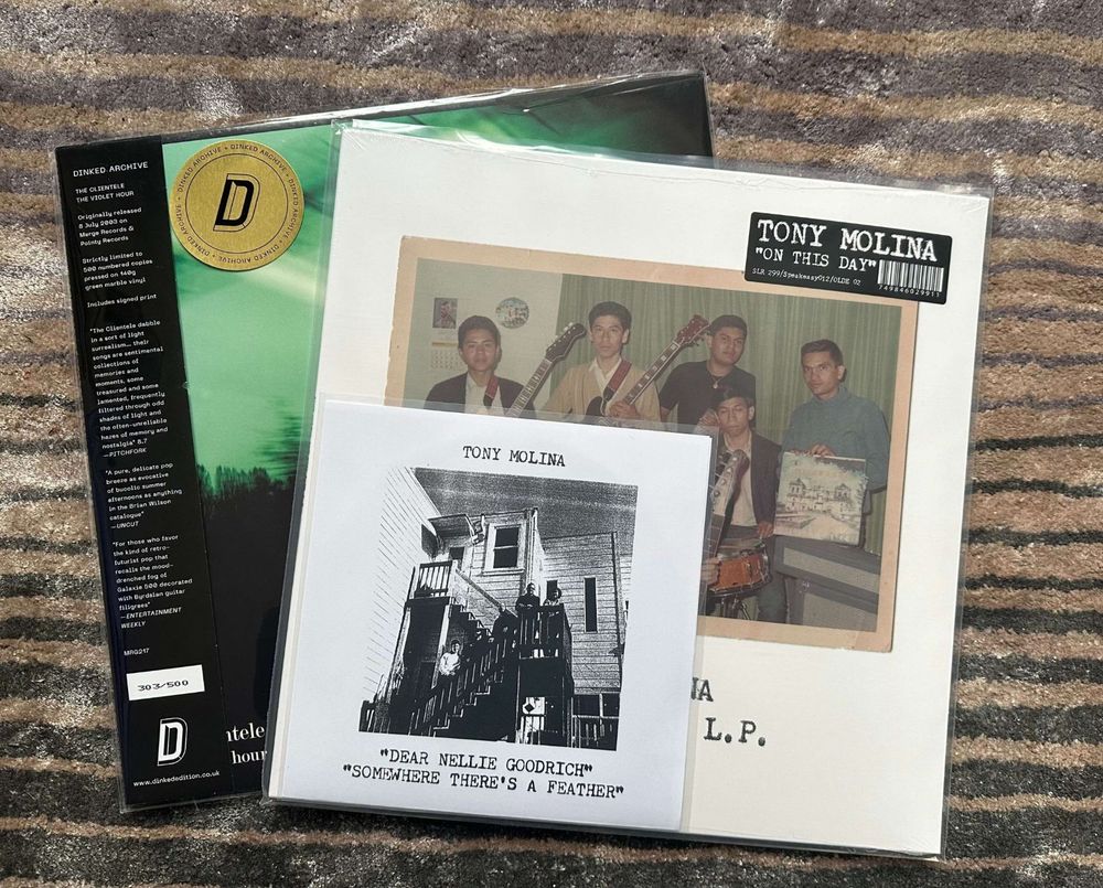 Records by The Clientele and Tony Molina, featuring unique artwork and a vintage photo of musicians on the cover.