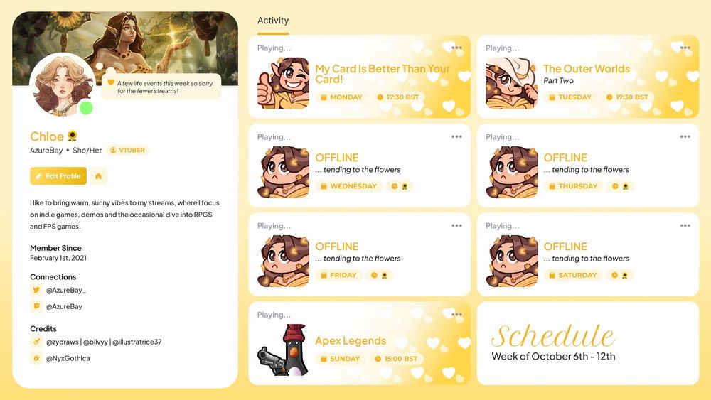 yellow discord style stream schedule for october 6th - 12th