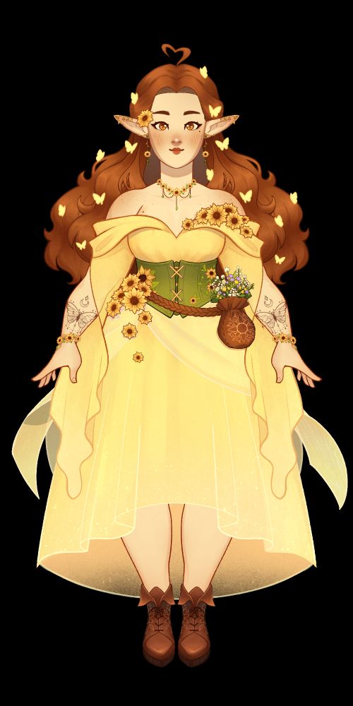 Chloe's vtuber model (a brunette elf in a yellow dress)