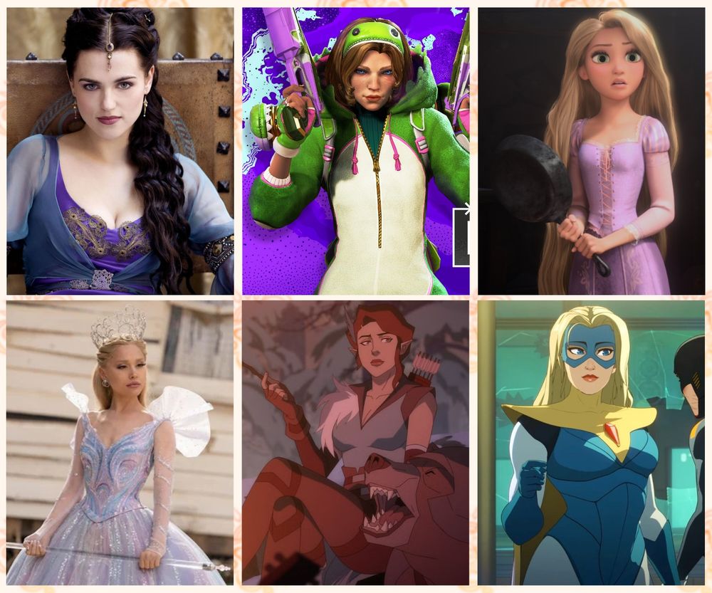 A 3 x 2 collage

Top to bottom. Left to right

Morgana from Merlin
Wattson from Apex Legends
Rapunzel from Tangled

Glinda from Wicked: For Good
Vex from Vox Machina
Blonde Blazer from Dispatch