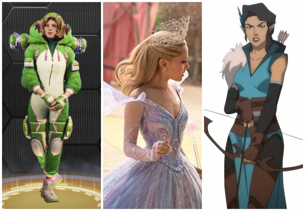 a three column collage

(left to right)

wattson from apex legends in her nightime nessie skin
glinda from wicked for good in her lavender bubble dress
vex from vox machina