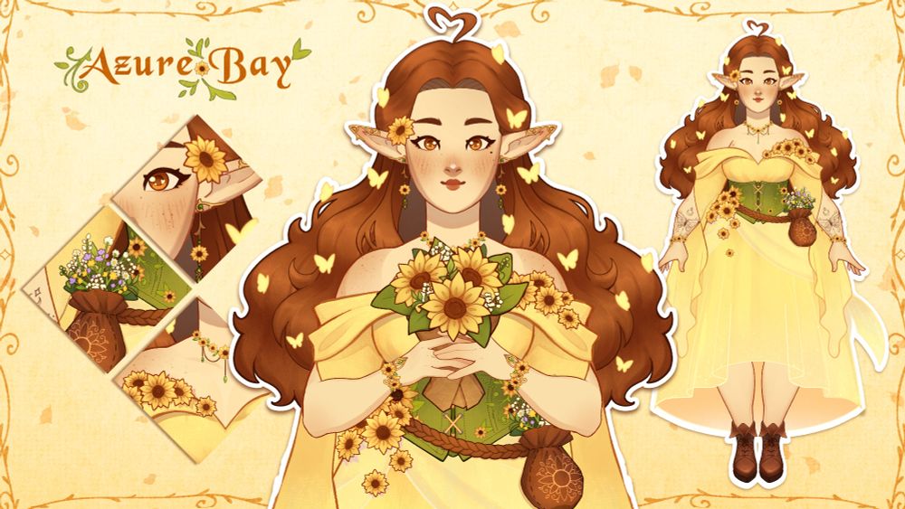 a vtuber showcase of chloe's vtuber - a brunette elf in a yellow dress with sunflower accents, and a green underbust corset. she also has yellow glowing butterflies in her hair
