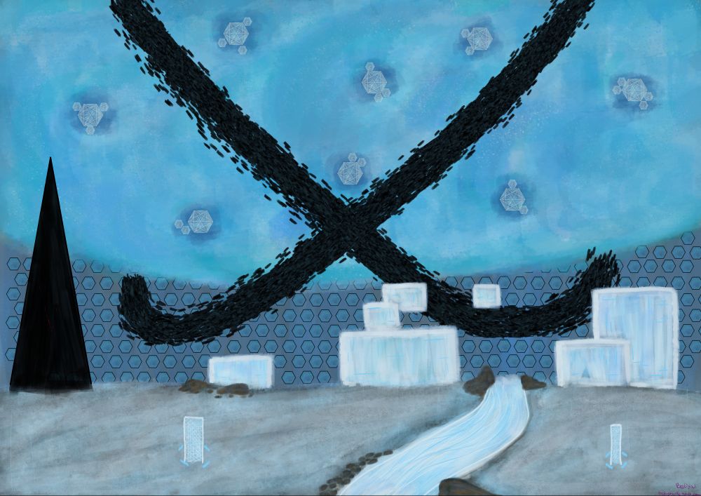 digital art of volantis, the forge star. large blue sun encircled with "wires," a swarm of glass-like crystals over its surface, vex structures on the ground beneath with hundreds of hexagonal mirrors in the back. on the left side a black tower with a jarringly different architecture. based on the descriptions of volantis from clovis in the beyond light collector's edition.