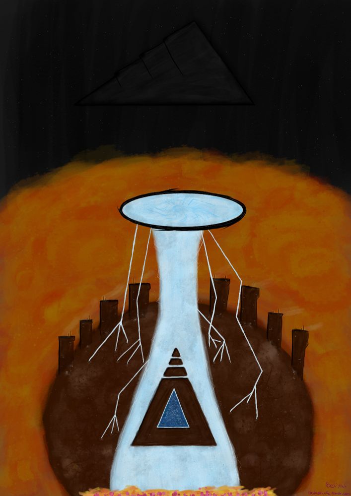 digital art of the planet mercury against the sun with a large radiolarian waterfall falling over it. in the center is the gate to the infinite forest. above the sun in the shadow is a pyramid ship. based on the lore tab "Insti|gate|"