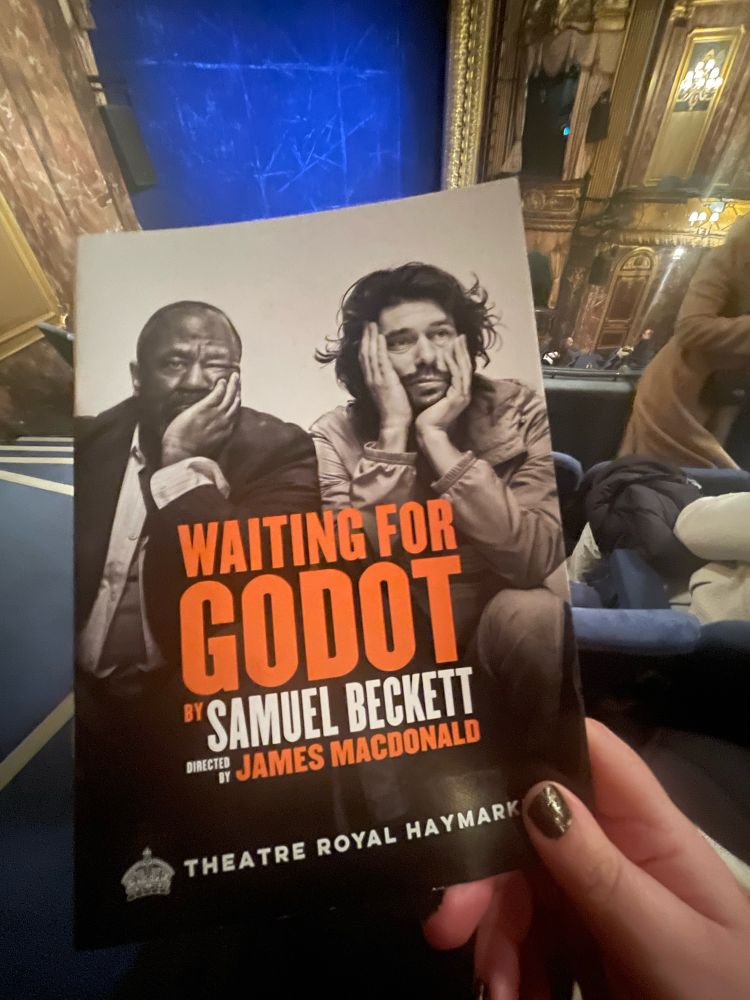 Kate holds up a theatre programme in front of a stage which has the curtain drawn across it. The programme cover features a black and white photograph of the actors Lucian Msamati and Ben Whishaw, who have clearly been waiting for this Godot customer for a very long time indeed.