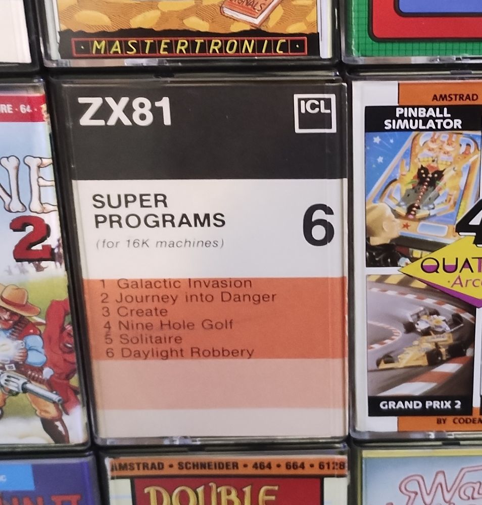 The cassette for Super Programs 6, for the ZX81, written by ICL. The six programs on the tape (for 16k machines): Galactic Invasion; Journey into Danger; Create; Nine Hole Golf; Solitaire; Daylight Robbery