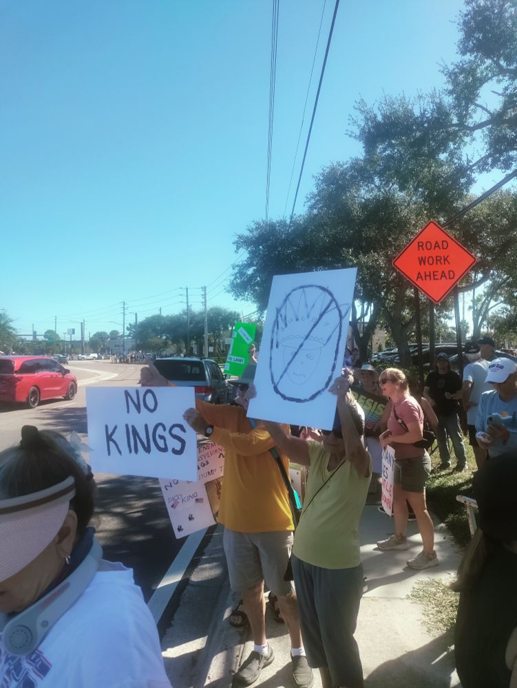 A group of protestors standing on the sidewalk holding signs along a busy roadway. One sign reads "No Kings" in all capital handwritten text. 