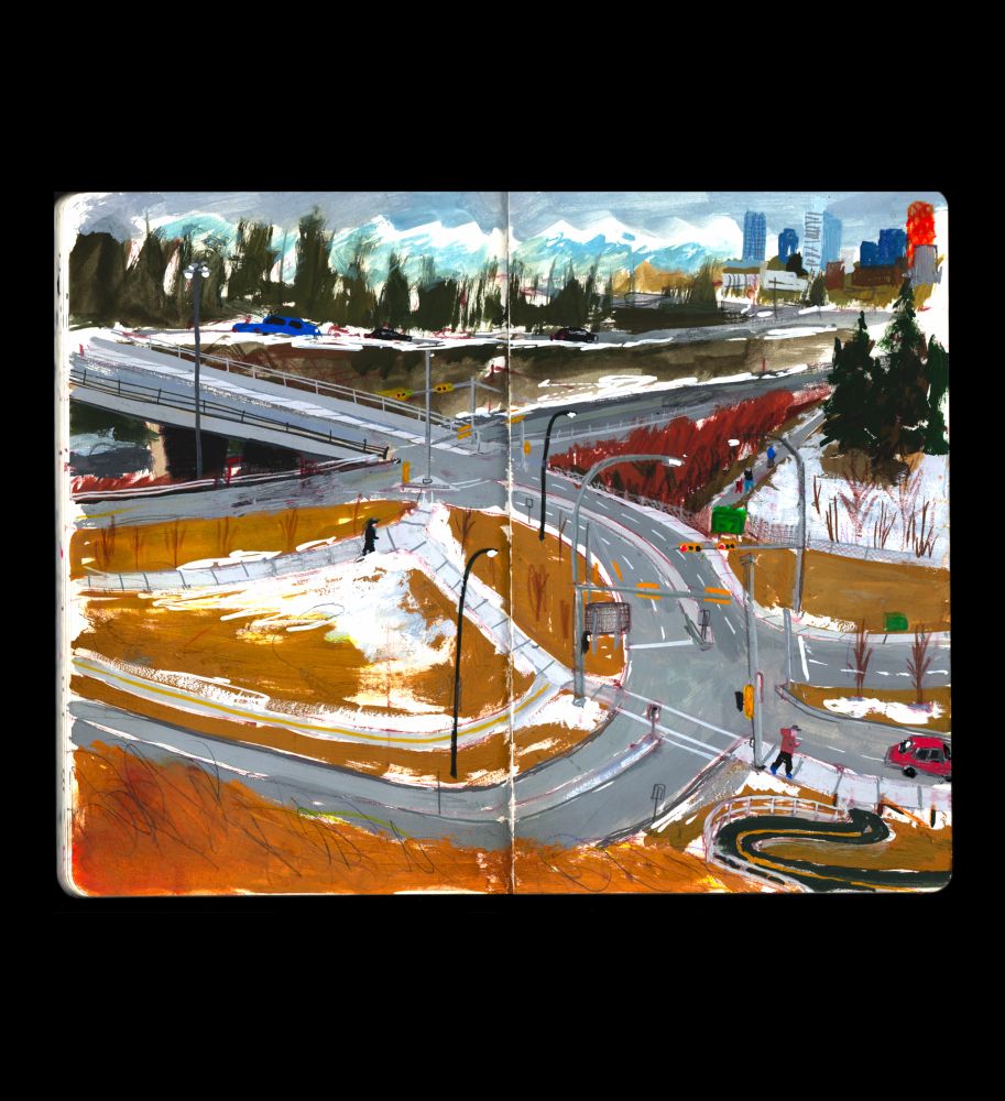 A acrylic painting in a sketchbook of a city scape, its brown and blue and shows an intersection
