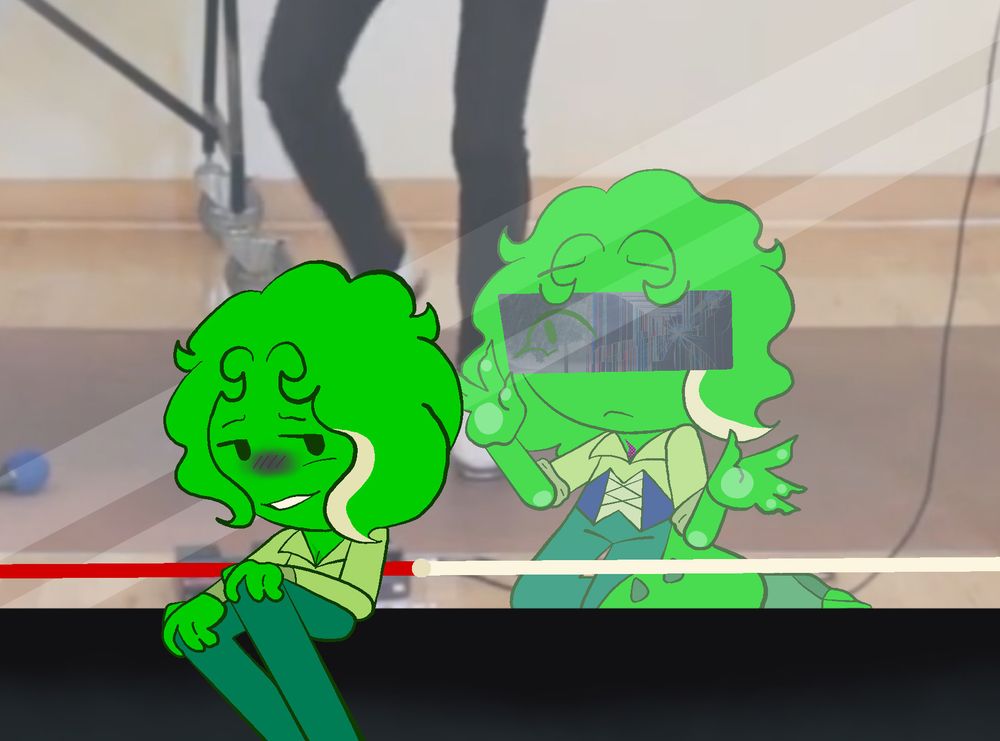 A drawing of Green and Greenscreen from the series Animator vs Animation.

Green is sitting on a youtube video of AaronGrooves tap dancing. He looks downcast, clutching his knees and looking at Greenscreen from over his shoulder. Greenscreen is knelt by the screen, pressing his hands against the video's barrier with a saddened face. The black bar over his eye is showing a rainstorm.