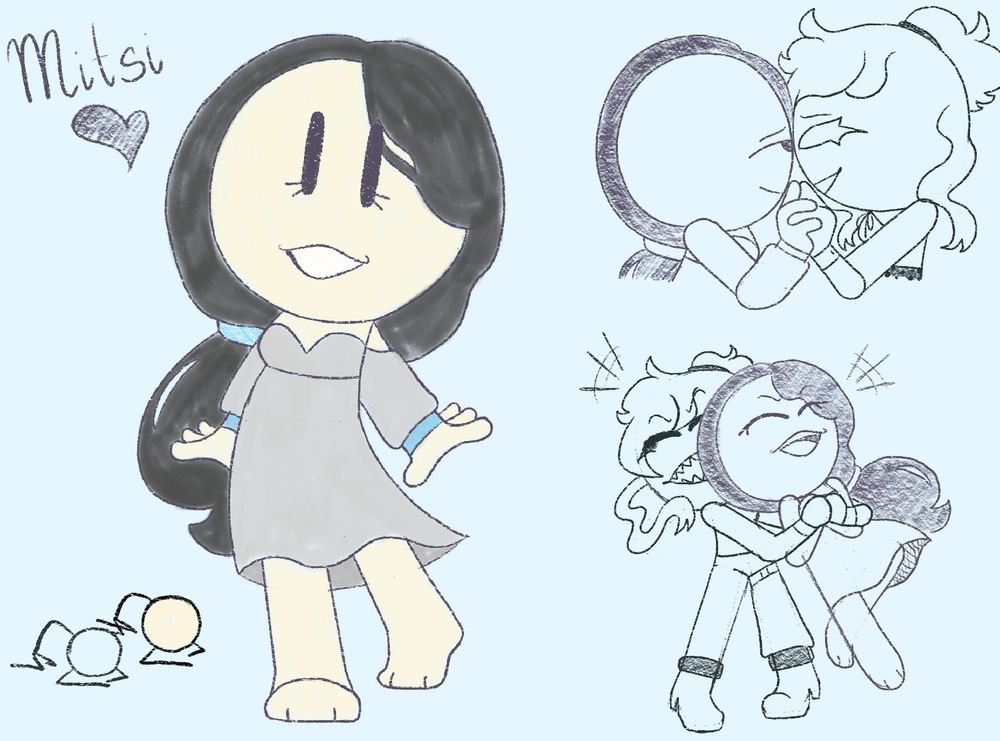 A digital drawing of Mitsi as well as a few doodles including Victim from the webseries animator vs animation. She's drawn with a happy smile posing for the camera with a long slightly wavy ponytail and a gray off the shoulder sweetheart cut dress. To the right there's a half body doodle of Victim and Mitsi forehead to forehead staring at each other lovingly. The other doodle is of Victim and Mitsi dancing, Mitsi's back pressed to Victim's chest, Victim holding her from behind and spinning her around while both laugh.