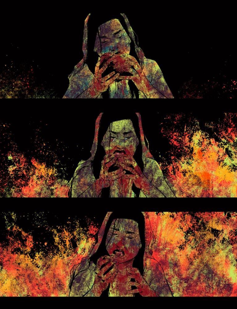 A page from EAT MY FLESH, DRINK MY BLOOD. Three static panels show a woman eating a human heart as a fire grows in the background.