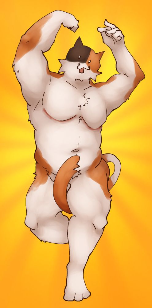 Meowscles from fortnite jumping in the air joyfully. With no clothes on though for some reason with his tail covering his crotch